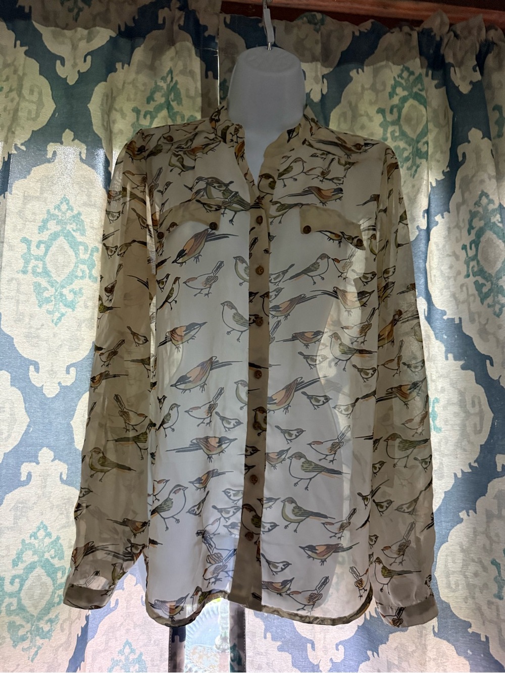 Atmosphere Sheer Ivory All Over Multicolor Birds & Sparrow Print Blouse UK 12
